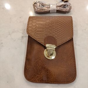 Brown Faux Leather Crossbody Touch Phone Bag with Textured Finish  New